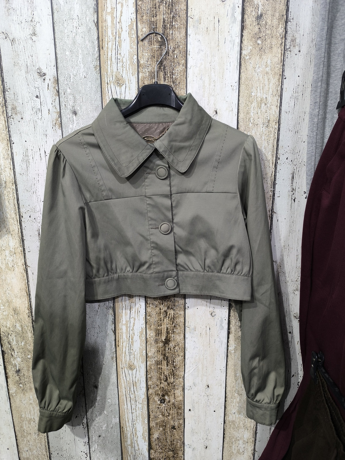 Giacca corta Betsey Johnson Colletto ampio Bottoni Verde oliva tendente al grigio Vintage Y2K (S) — foto 3