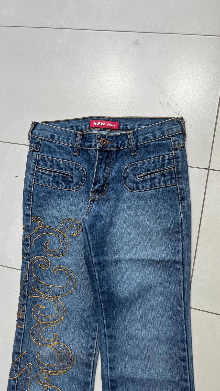 Jeans gamba larga XFN Jeans blu denim ricamo oro Vintage Y2K (S) — foto 5