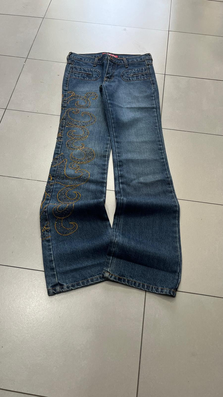 Jeans gamba larga XFN Jeans blu denim ricamo oro Vintage Y2K (S) — foto 3