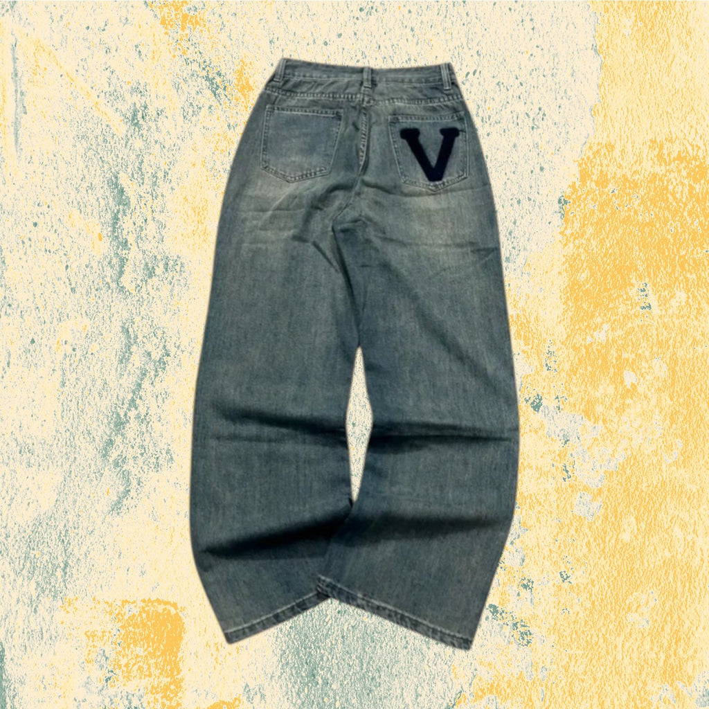 Denim Jeans Baggy Fit Embroidered "V" Blu wash (XS)
