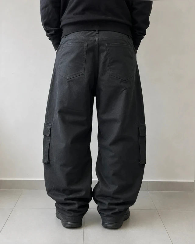 Super Baggy Balloon Pants Cargo Cerati Nero Semplice (L)