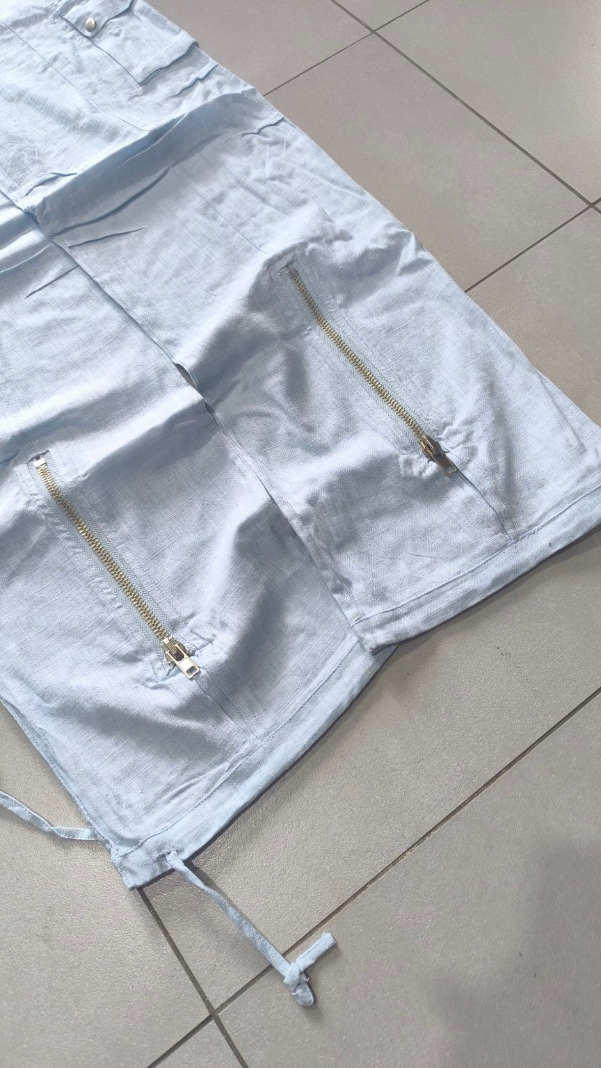 Linen Pants Baggy Fit Light Blue con Zip Vintage Y2K Low Waist - Pantaloni in Lino Super Baggy Vita Bassa