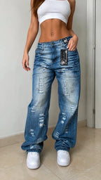 Denim Jeans Vintage Y2K Straight Baggy Fit Particular Embroidered NEW Modello "KosmoLupo"