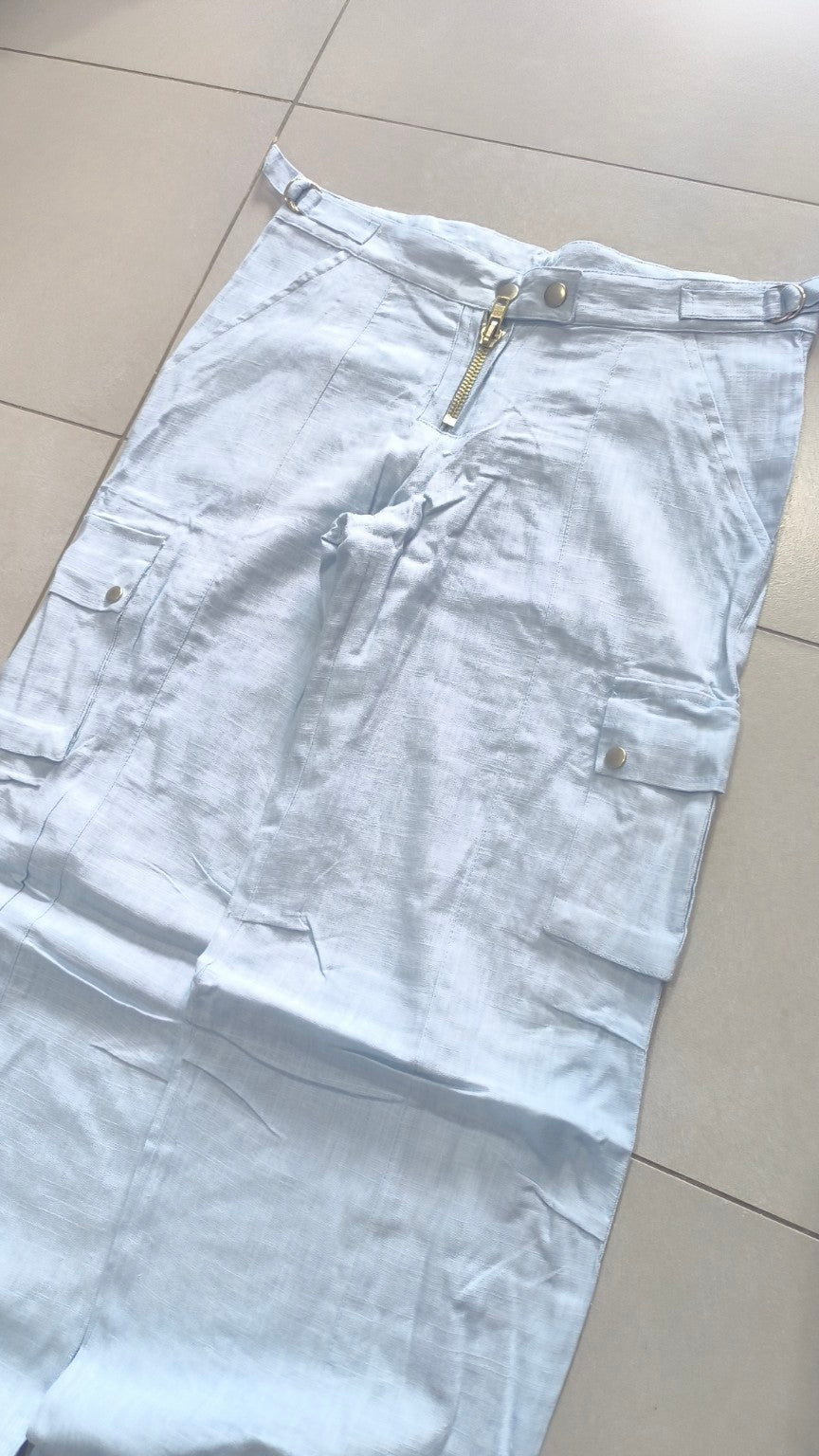 Linen Pants Baggy Fit Light Blue con Zip Vintage Y2K Low Waist - Pantaloni in Lino Super Baggy Vita Bassa