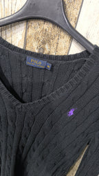 Maglione Polo Ralph Lauren Scollo a V Nero Trecce Logo Viola Vintage Y2K (XS) — foto 4