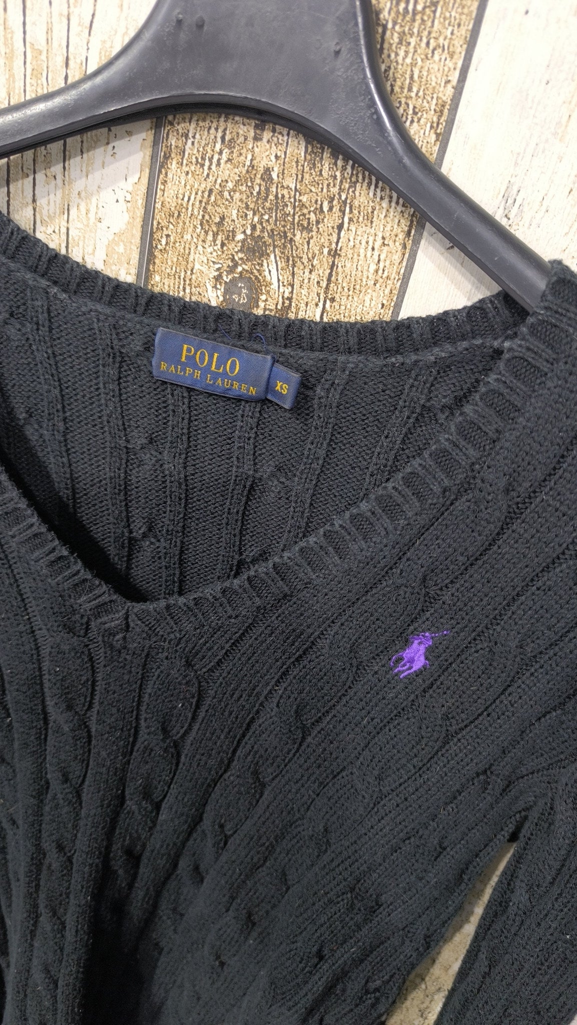 Maglione Polo Ralph Lauren Scollo a V Nero Trecce Logo Viola Vintage Y2K (XS) — foto 4