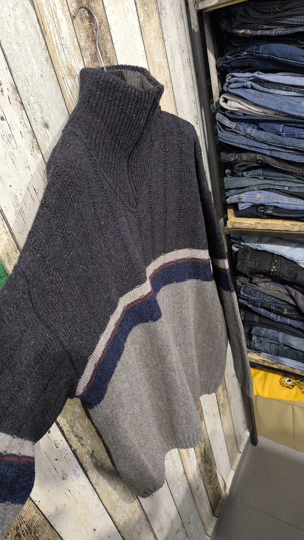 Maglione Quarter Zip Nero Grigio Rigato Vintage Y2K (XL) — foto 4