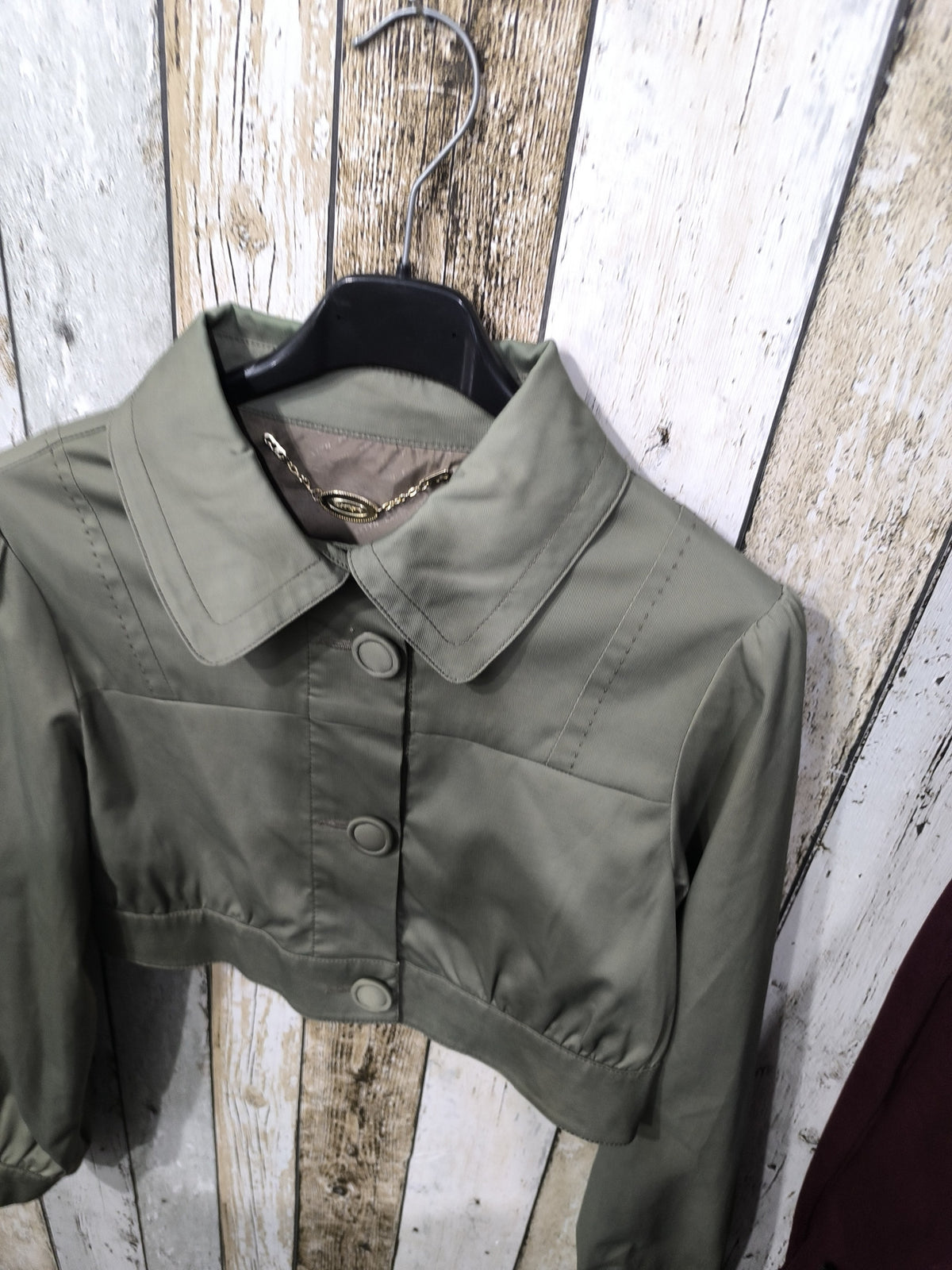 Giacca corta Betsey Johnson Colletto ampio Bottoni Verde oliva tendente al grigio Vintage Y2K (S) — foto 4