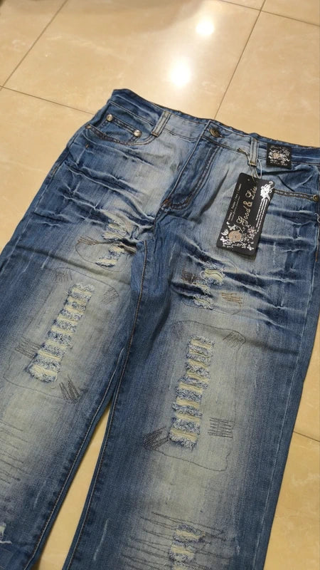 Denim Jeans Vintage Y2K Straight Baggy Fit Particular Embroidered NEW Modello "KosmoLupo"
