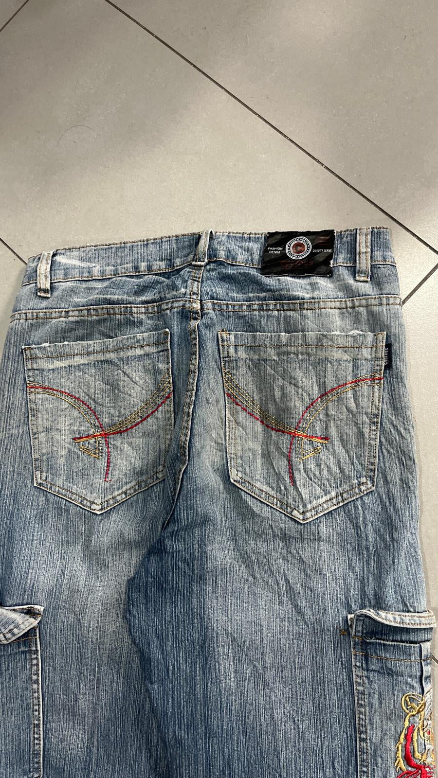 Jeans Cargo Cygress Blu Denim Lavato Tasche Applicate Vintage Y2K (2L) — foto 4