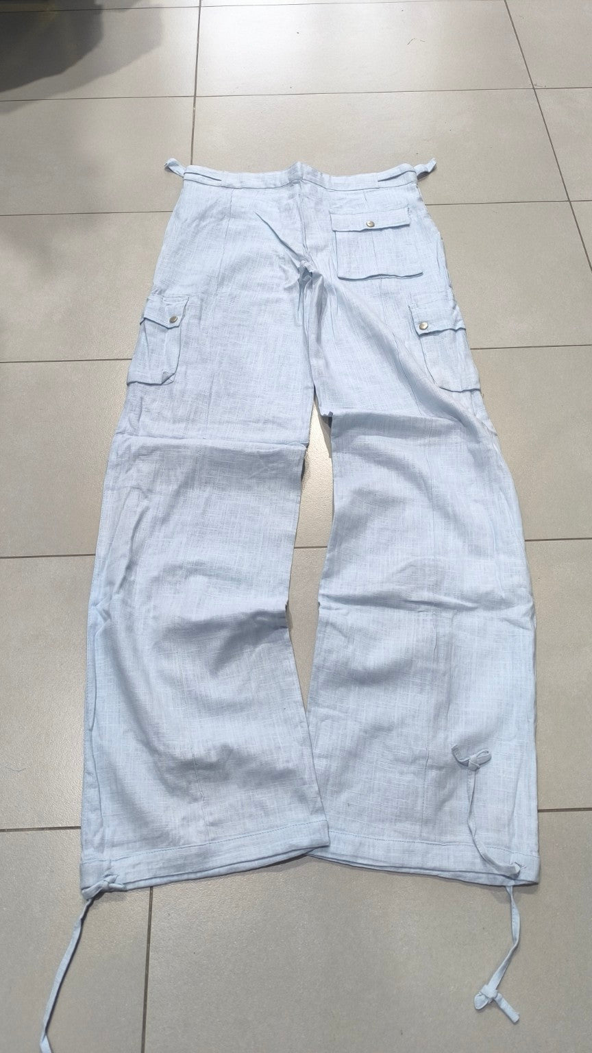 Linen Pants Baggy Fit Light Blue con Zip Vintage Y2K Low Waist - Pantaloni in Lino Super Baggy Vita Bassa