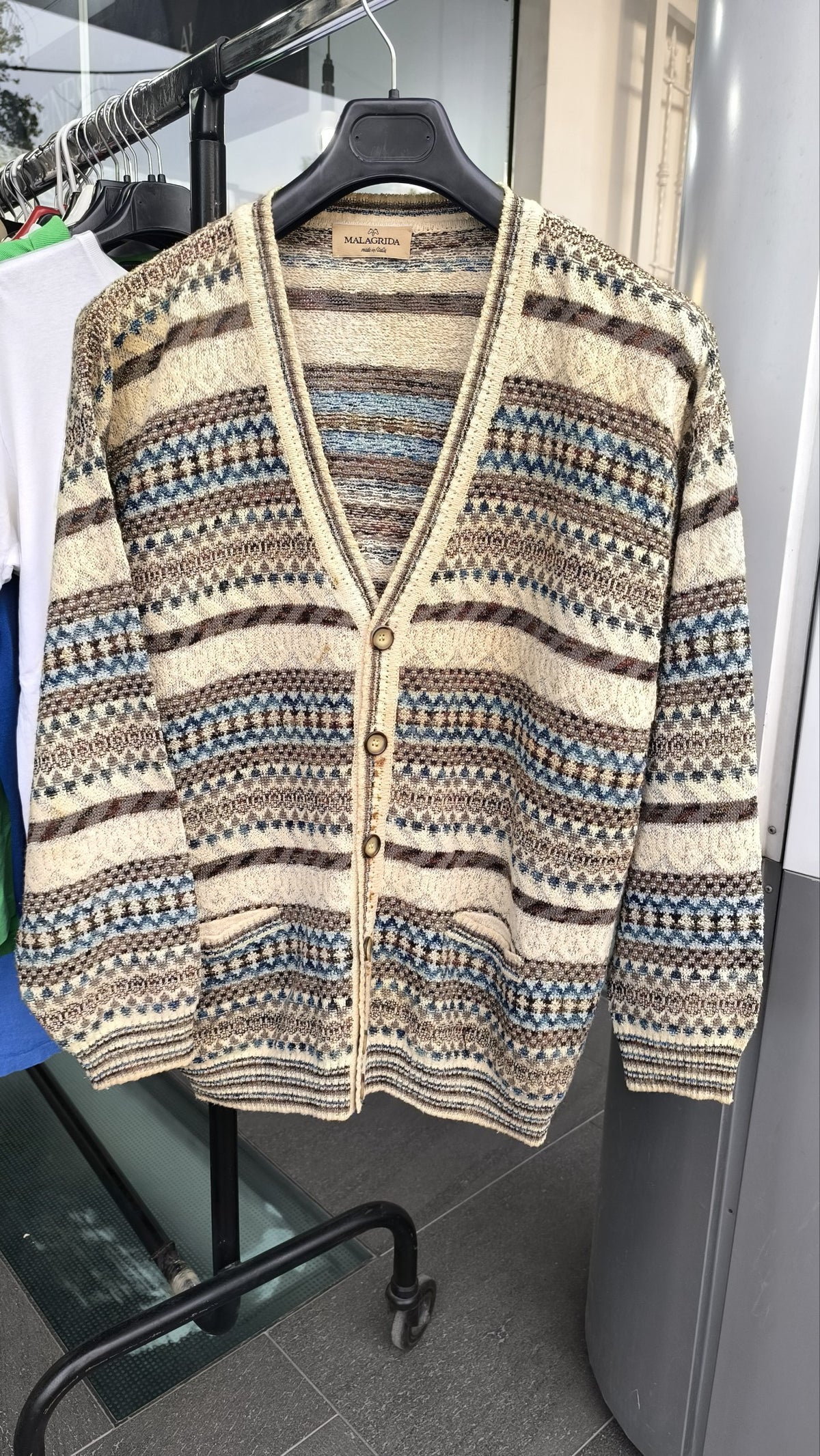 Maglieria Cardigan Malagrida Vintage Y2K Beige Righe Bottoni Tasche (M) — foto 3