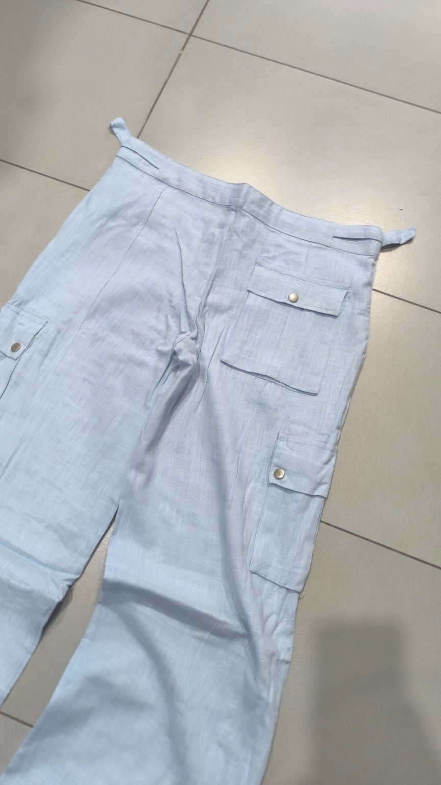 Linen Pants Baggy Fit Light Blue con Zip Vintage Y2K Low Waist - Pantaloni in Lino Super Baggy Vita Bassa