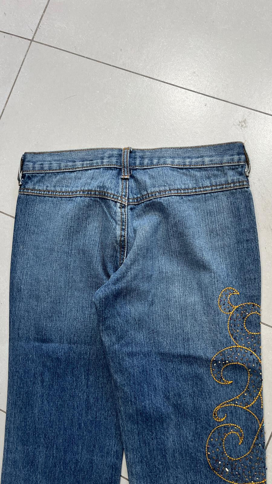 Jeans gamba larga XFN Jeans blu denim ricamo oro Vintage Y2K (S) — foto 4