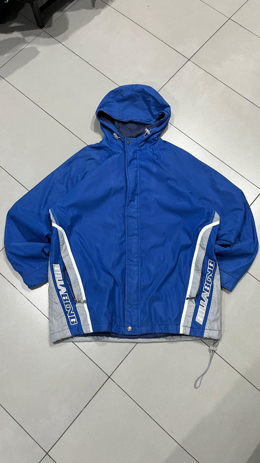 Giacca a vento Billabong Cappuccio Zip Blu Royal Inserti Grigi Bianchi Vintage Y2K (L) — foto 3