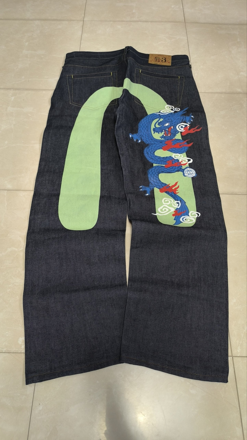 Denim Pantaloni Vintage Y2K Blu Scuro Verde Rosso Drago Stampa (L) — foto 3
