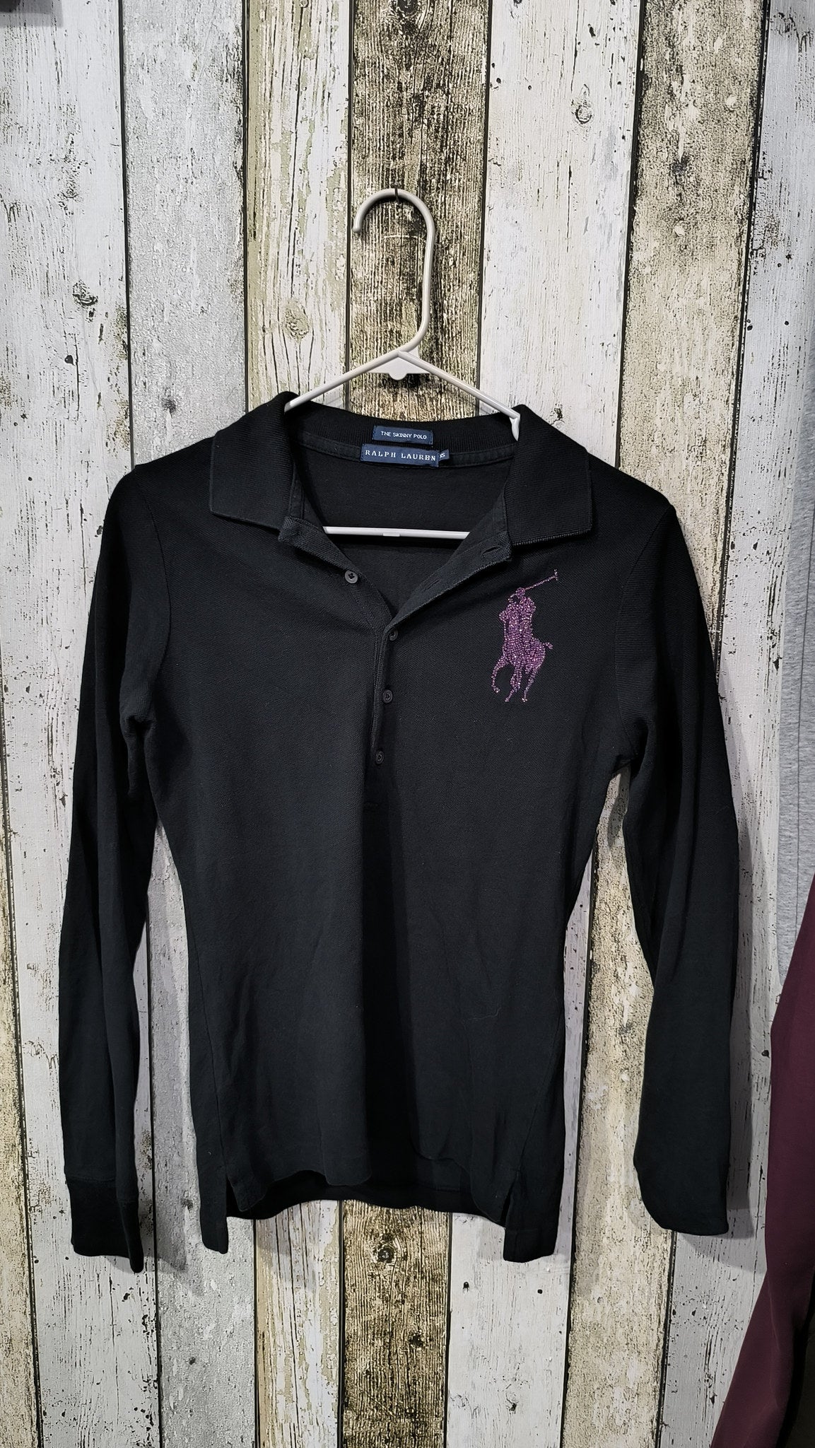 Polo manica lunga Ralph Lauren The Skinny Polo Nero Logo viola Vintage Y2K (XS) — foto 3