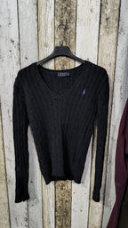 Maglione Polo Ralph Lauren Scollo a V Nero Trecce Logo Viola Vintage Y2K (XS) — foto 3