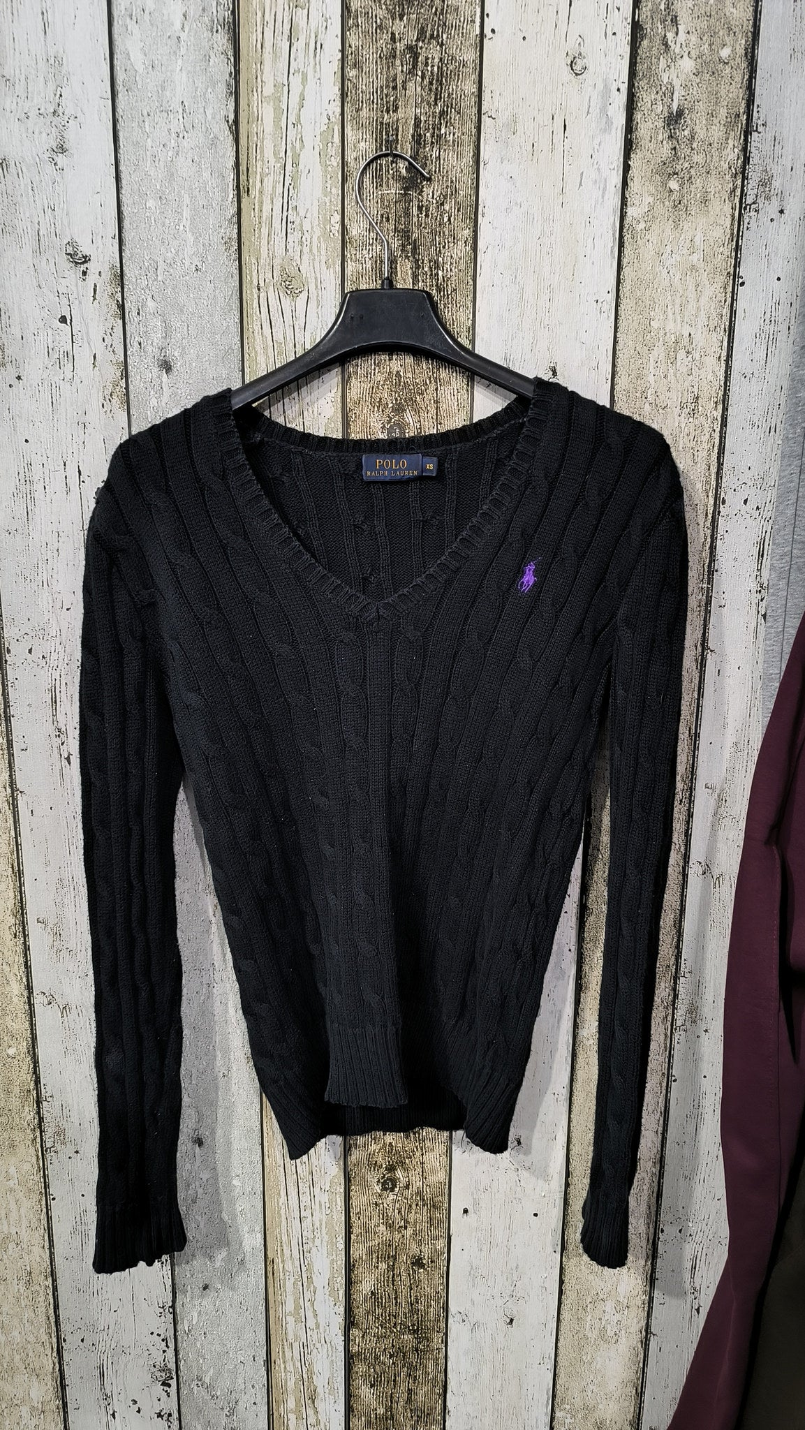 Maglione Polo Ralph Lauren Scollo a V Nero Trecce Logo Viola Vintage Y2K (XS) — foto 3