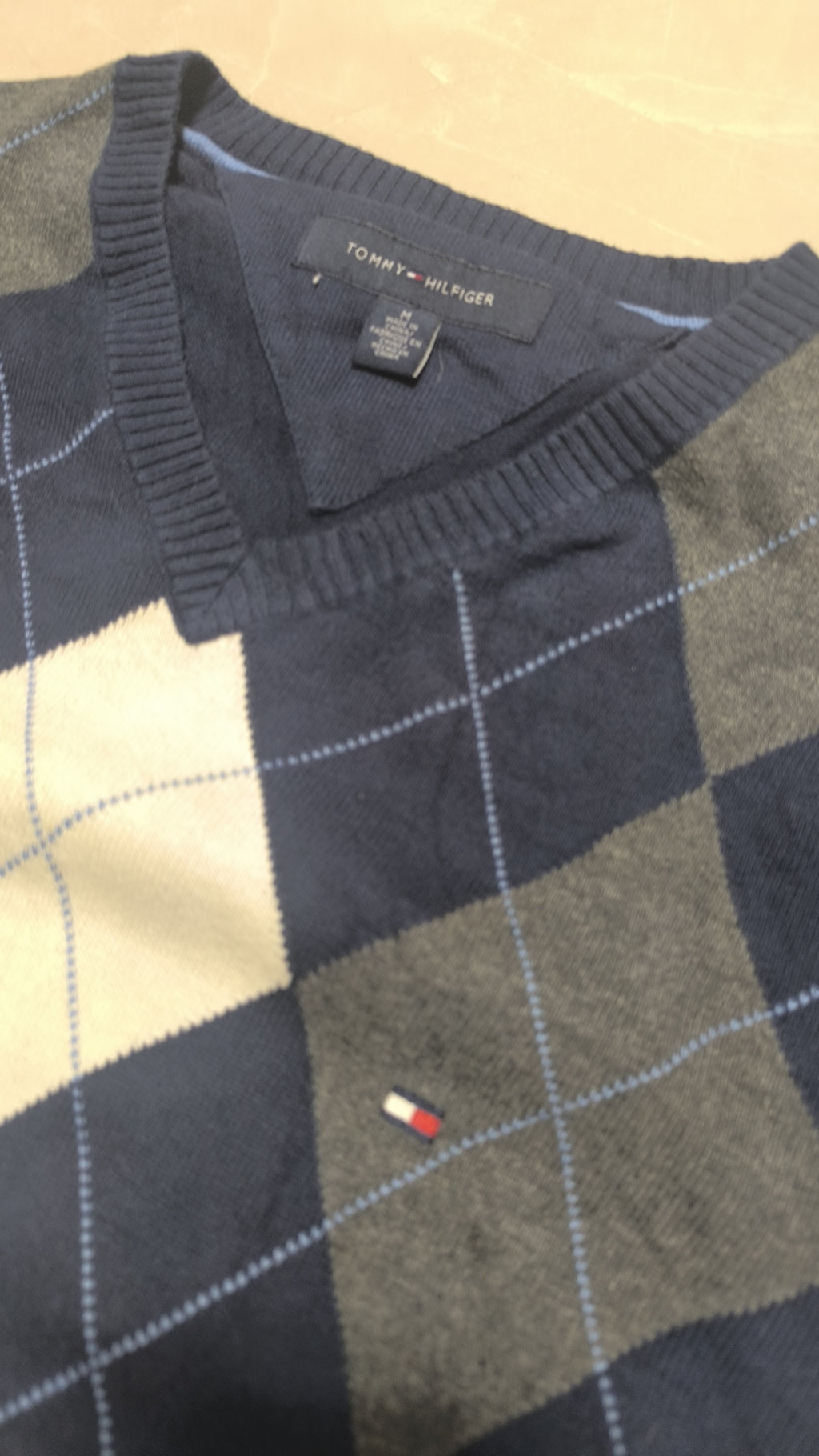 Maglione Tommy Hilfiger Scollo a V Argyle Blu navy Vintage Y2K (M) — foto 4