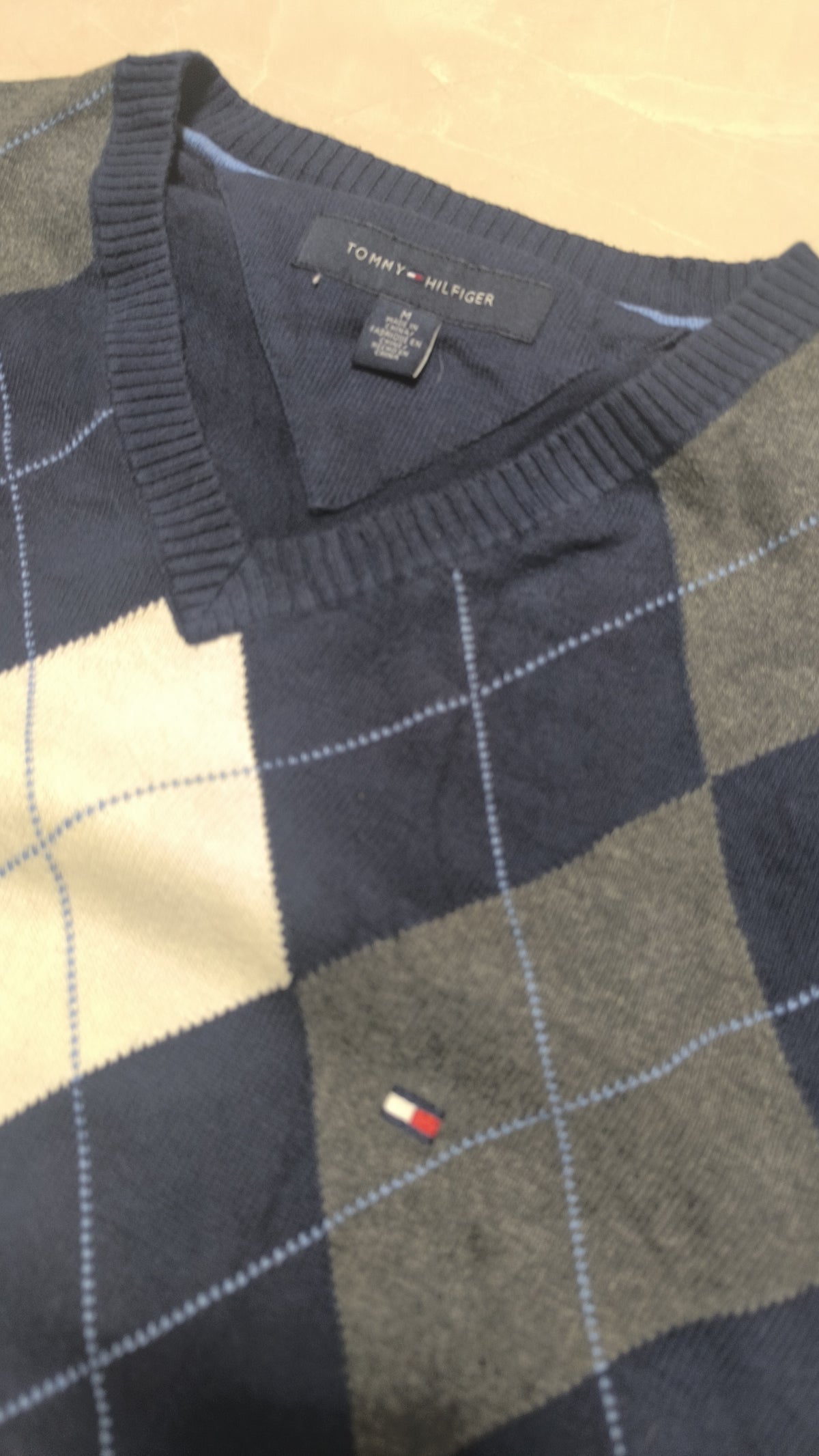 Maglione Tommy Hilfiger Scollo a V Argyle Blu navy Vintage Y2K (M) — foto 4