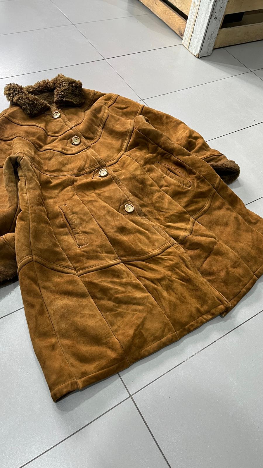 Montone in Vera Pelle di Renna Marrone Lungo con Pelliccia (L)