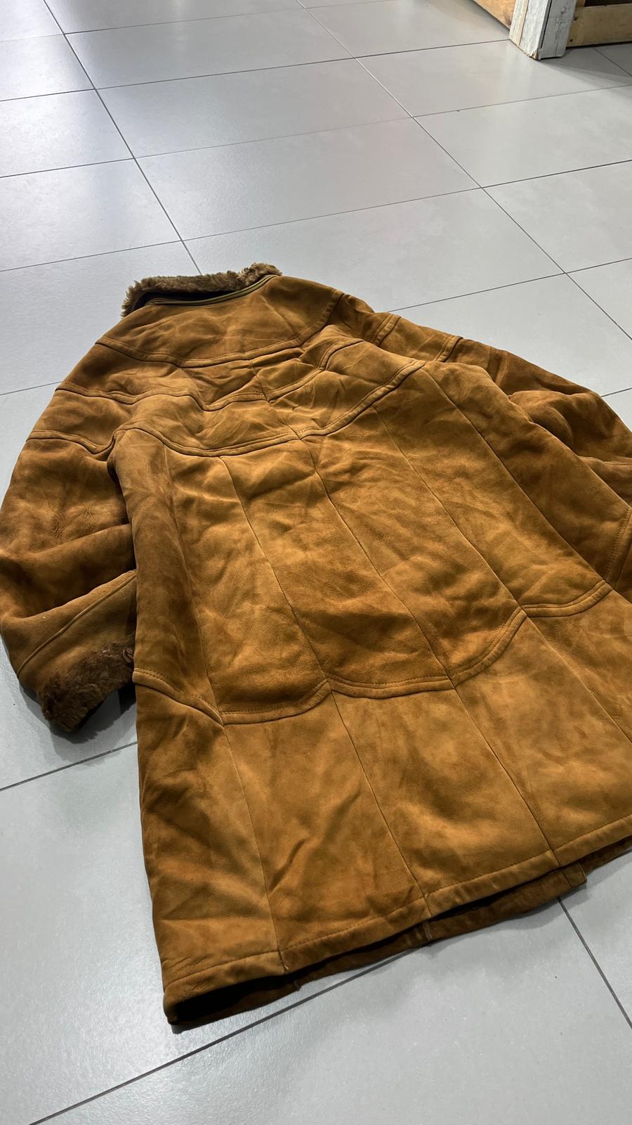 Montone in Vera Pelle di Renna Marrone Lungo con Pelliccia (L)