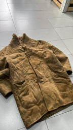 Montone in Vera Pelle di Renna Marrone Lungo con Pelliccia (XL)