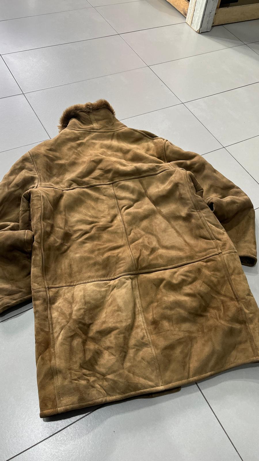 Montone in Vera Pelle di Renna Marrone Lungo con Pelliccia (XL)