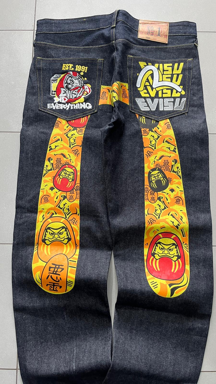 Raw Denim Jeans Evisu Painted Big Logo Embroidered (M)