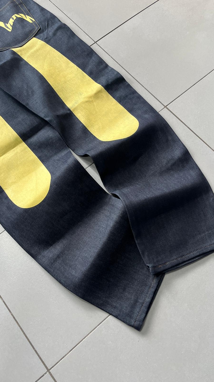 Raw Denim Jeans Evisu Painted Big Logo Embroidered (S)