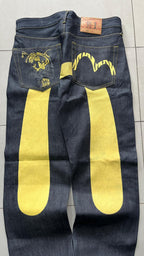Raw Denim Jeans Evisu Painted Big Logo Embroidered (S)