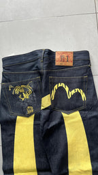 Raw Denim Jeans Evisu Painted Big Logo Embroidered (S)