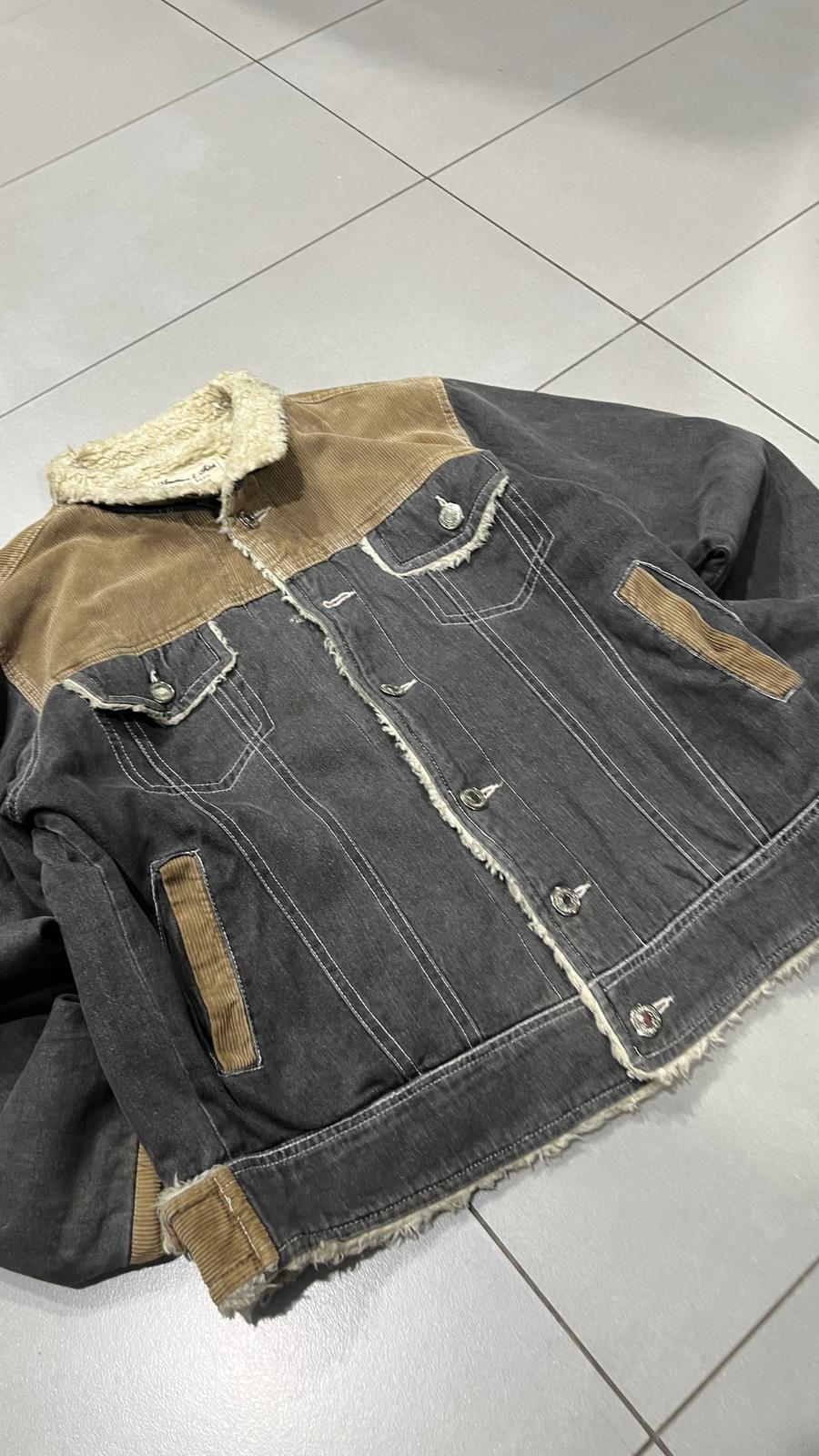 Bomber Vintage Y2K Heavy Leather Jacket Con Pelliccia Grey / Beige (L)