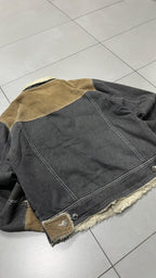 Bomber Vintage Y2K Heavy Leather Jacket Con Pelliccia Grey / Beige (L)