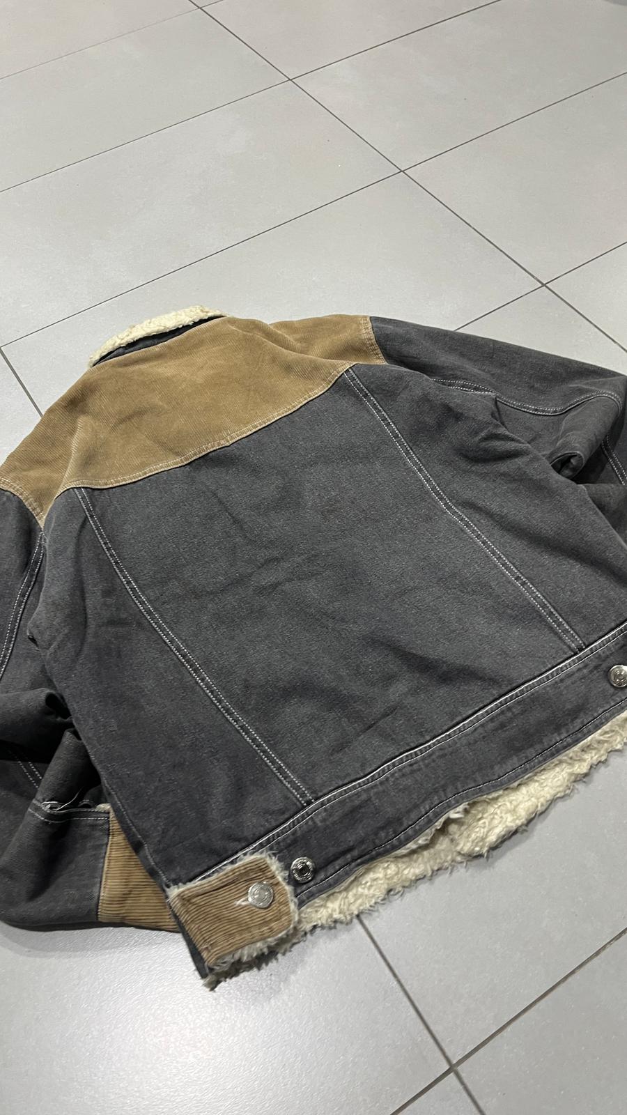 Bomber Vintage Y2K Heavy Leather Jacket Con Pelliccia Grey / Beige (L)