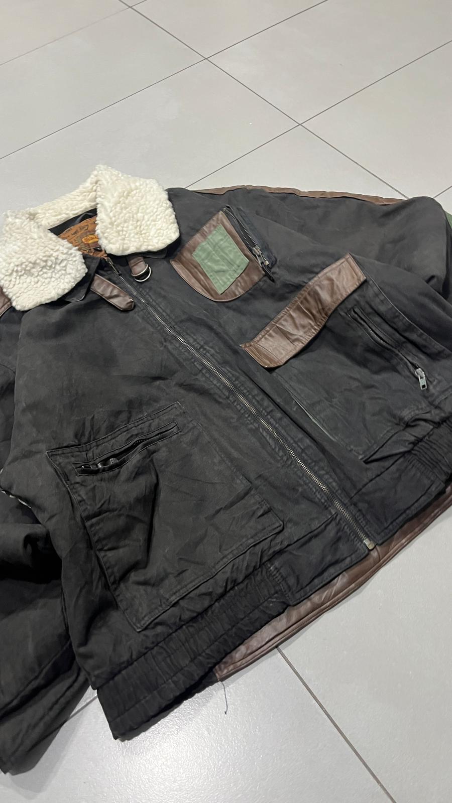 Bomber Vintage Y2K Heavy Leather Jacket Con Pelliccia MultiColor (M)