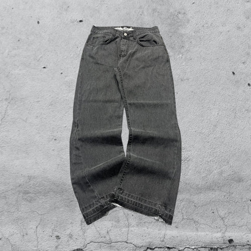 Denim Jeans Black Grey Baggy Fit Flare Sfrangiato (S)