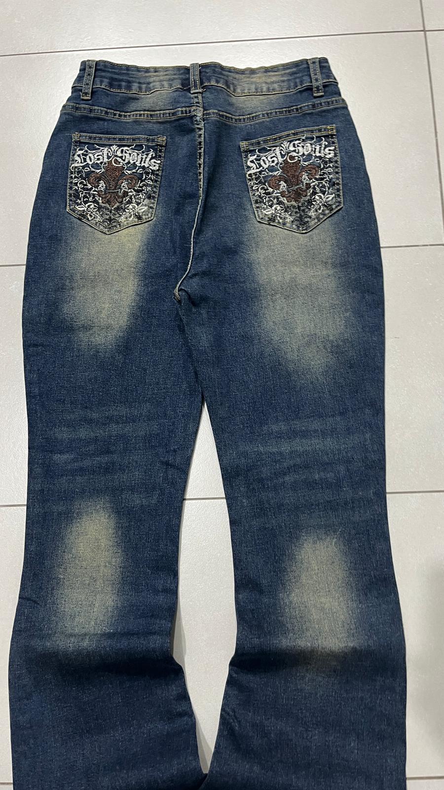 Denim Jeans Svasati BootCut Low Waist Embroidered Washed (XS)