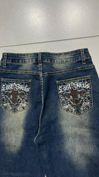 Denim Jeans Svasati BootCut Low Waist Embroidered Washed (XS)