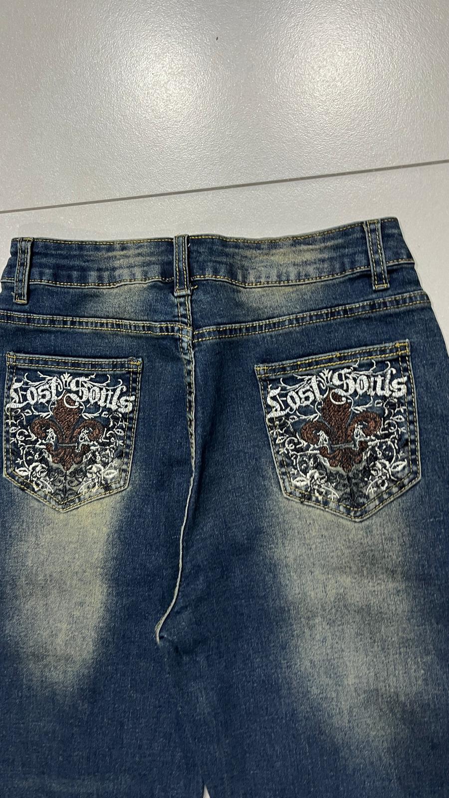 Denim Jeans Svasati BootCut Low Waist Embroidered Washed (XS)