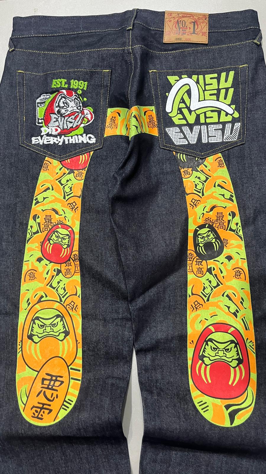 Raw Denim Jeans Evisu Embroidered Baggy Fit (XL)