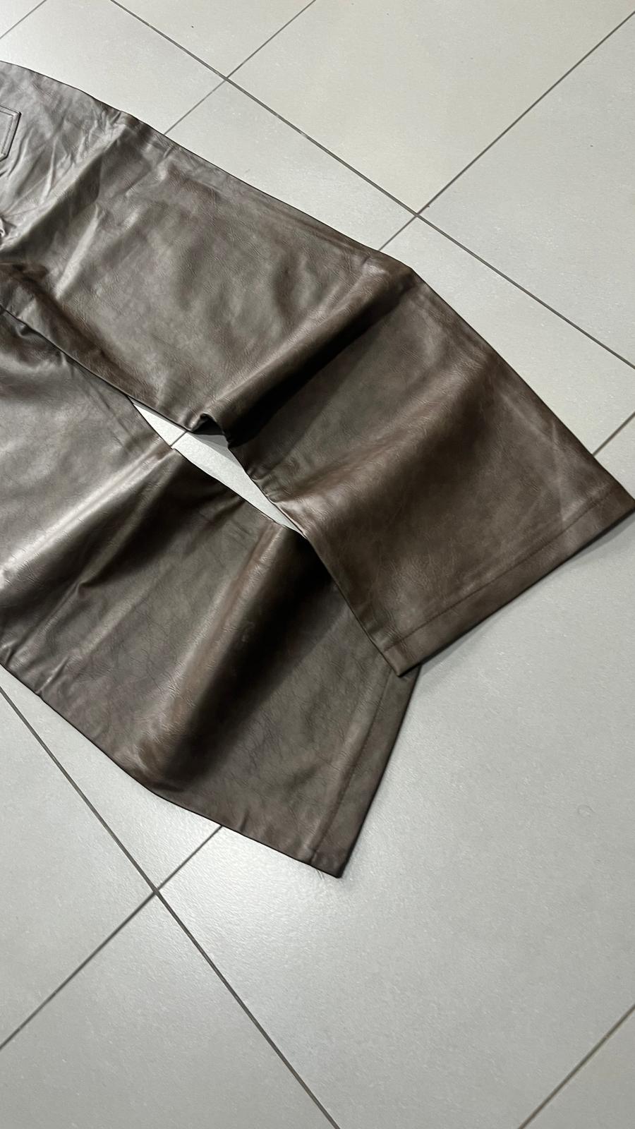 Leather Pants Super Baggy Fit Brown Hip-Hop Jeans (M)