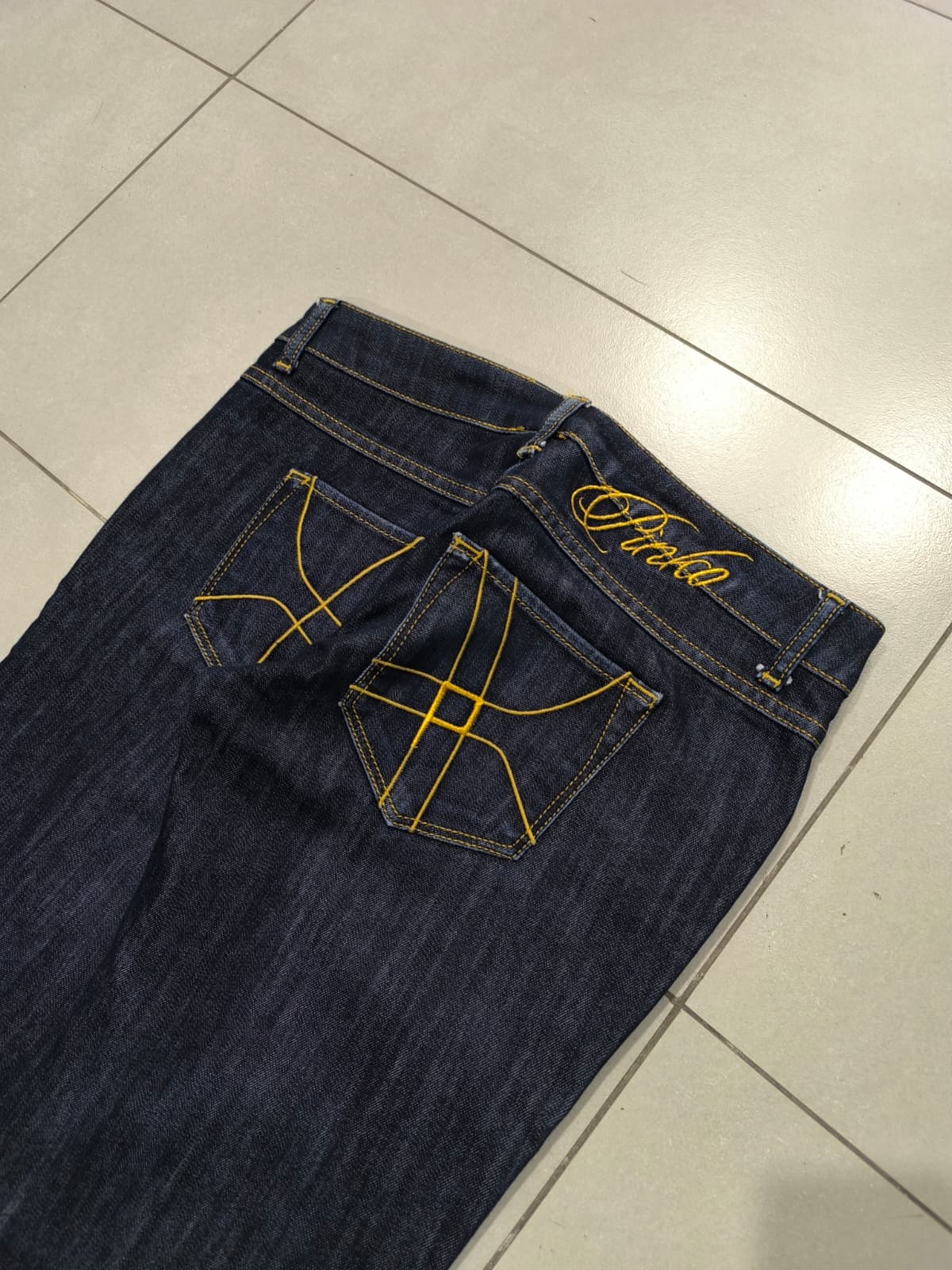 Denim Jeans Raw Blu Low Waist Straight Fit Embroidered (M)