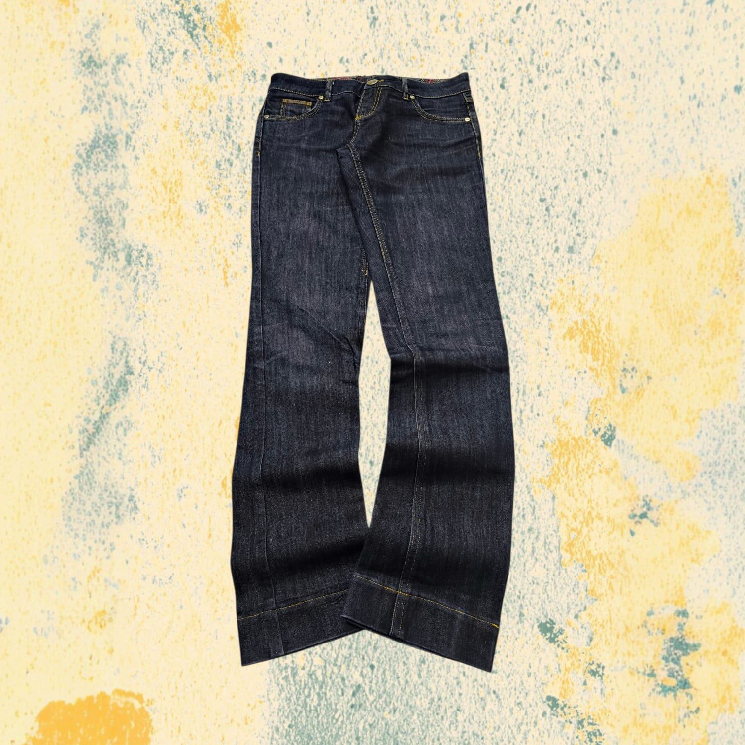 Denim Jeans Raw Blu Low Waist Straight Fit Embroidered (M)