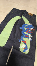 Denim Pantaloni Vintage Y2K Blu Scuro Verde Rosso Drago Stampa (L) — foto 4