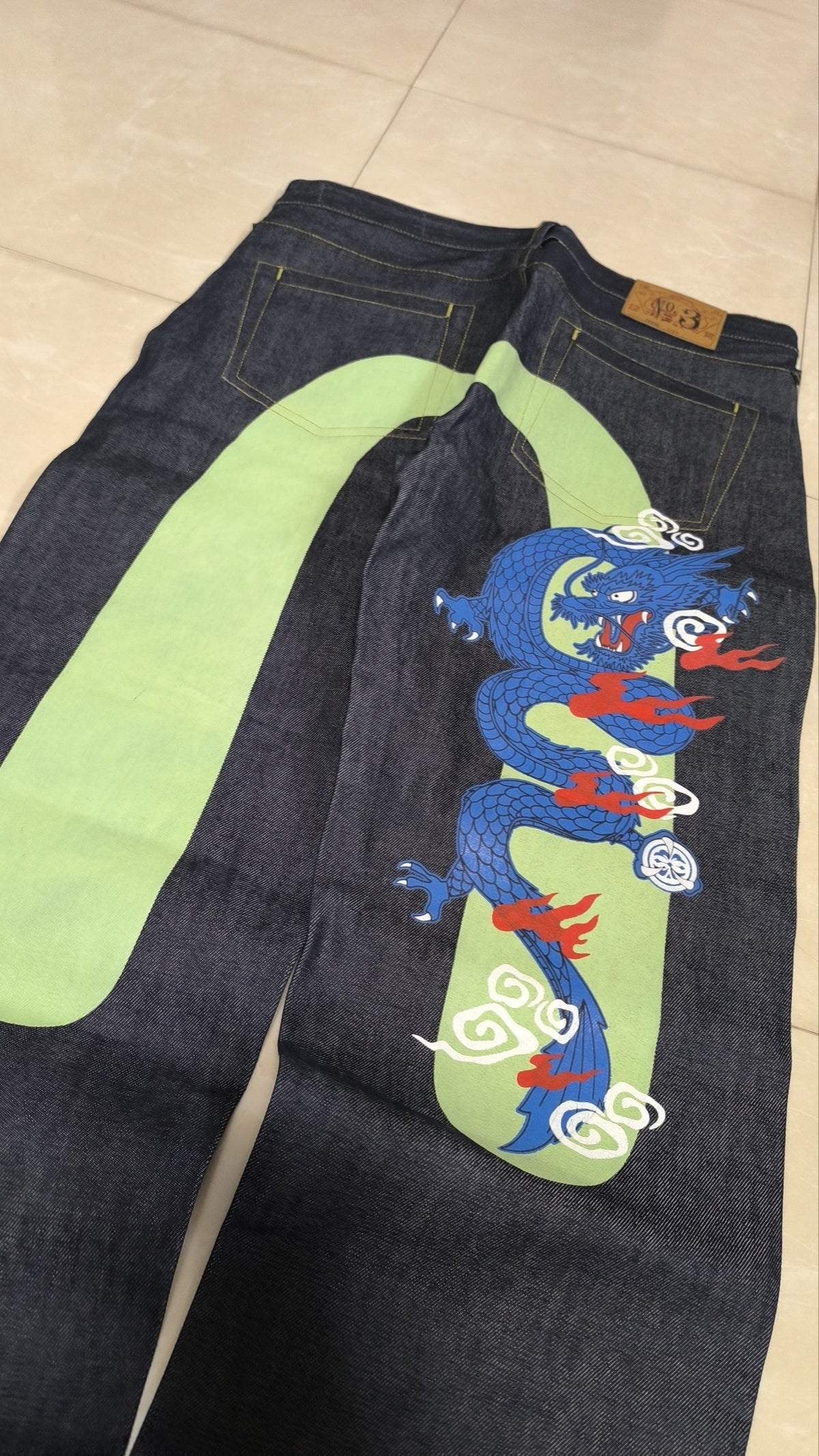 Denim Pantaloni Vintage Y2K Blu Scuro Verde Rosso Drago Stampa (L) — foto 4