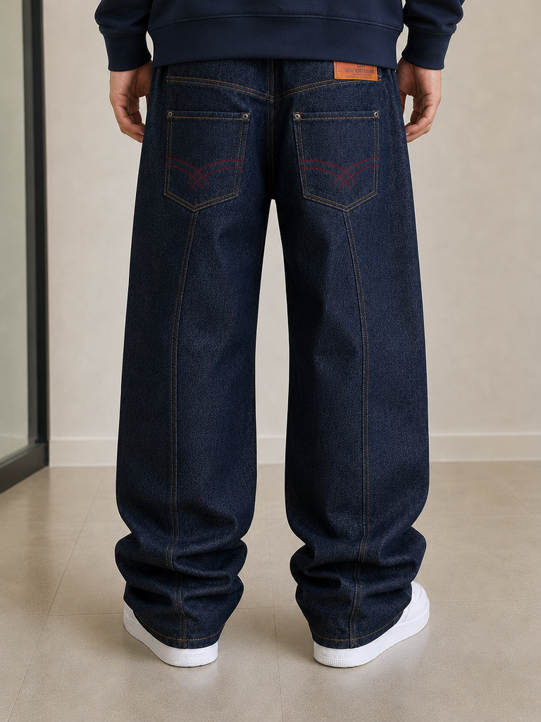 Raw Denim Jeans Embroidered Baggy Fit Red Pocket Vintage Y2K Uomo - indossata retro