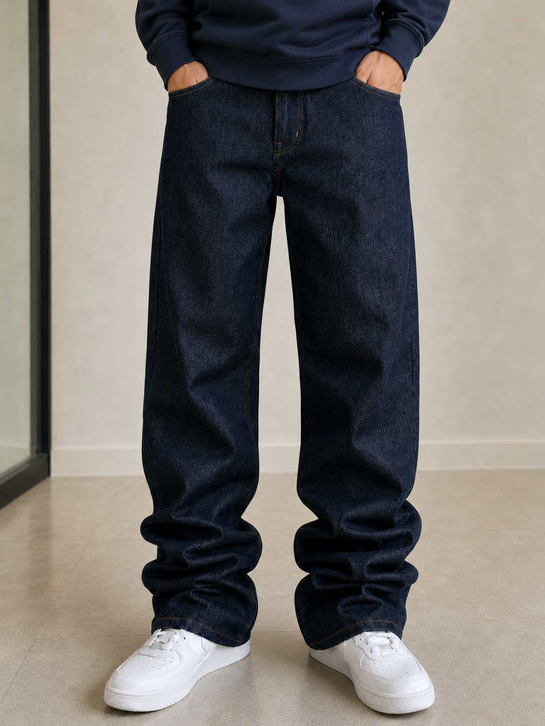 Raw Denim Jeans Embroidered Baggy Fit Red Pocket Vintage Y2K Uomo - indossata fronte