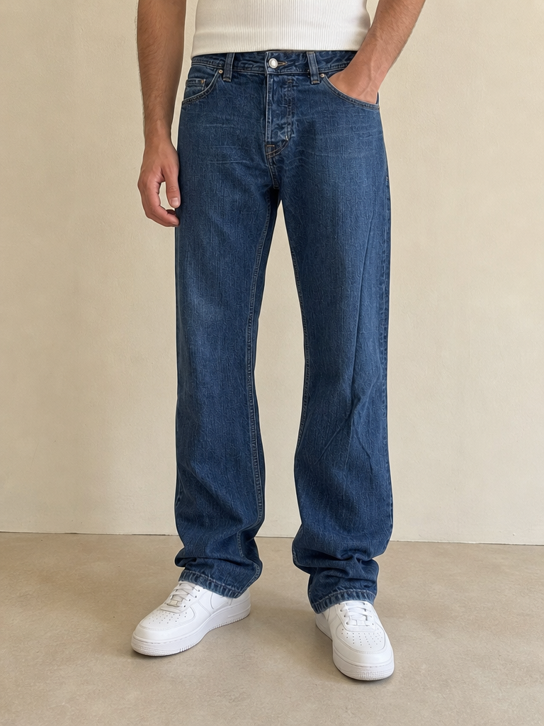 Denim Jeans Straight Fit Diesel Blu Wash Embroidered Vintage Y2K Uomo (XL) - indossata fronte